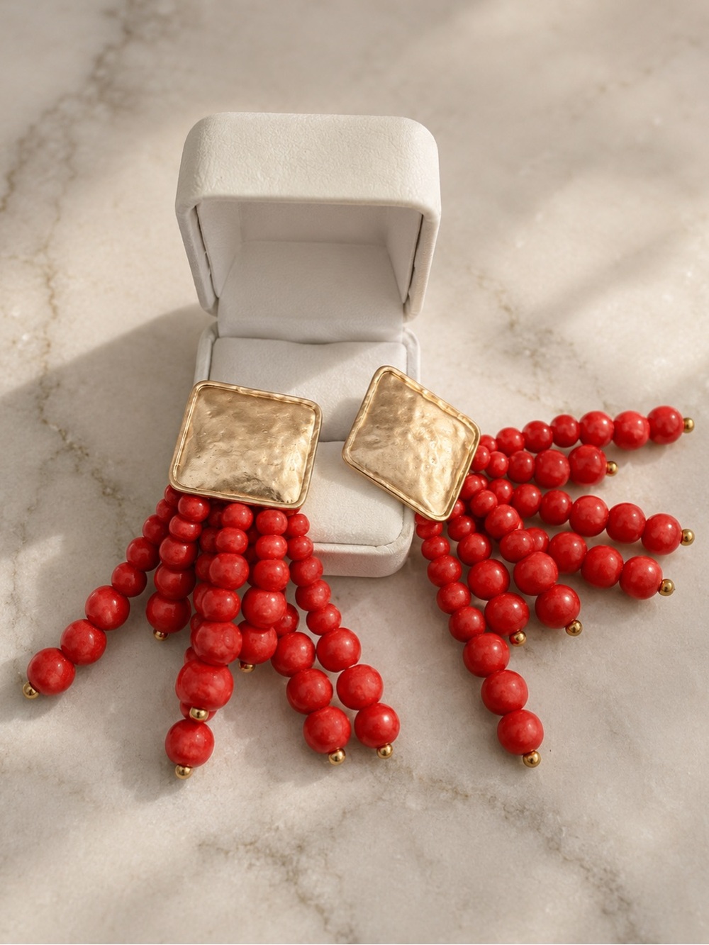 Gold-Accent Red Beaded Fringe Drop Earrings